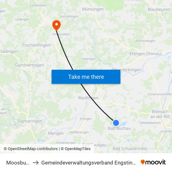 Moosburg to Gemeindeverwaltungsverband Engstingen map