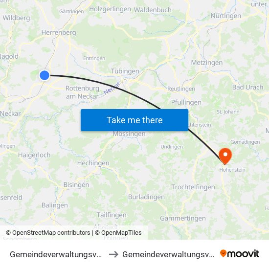 Gemeindeverwaltungsverband Oberes Gäu to Gemeindeverwaltungsverband Engstingen map