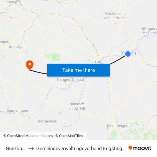 Günzburg to Gemeindeverwaltungsverband Engstingen map