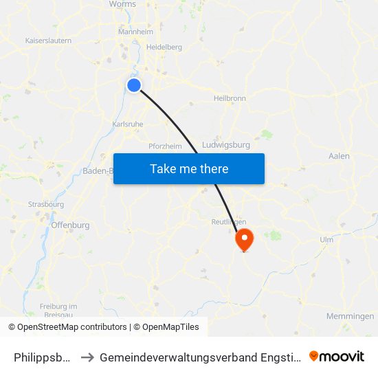 Philippsburg to Gemeindeverwaltungsverband Engstingen map