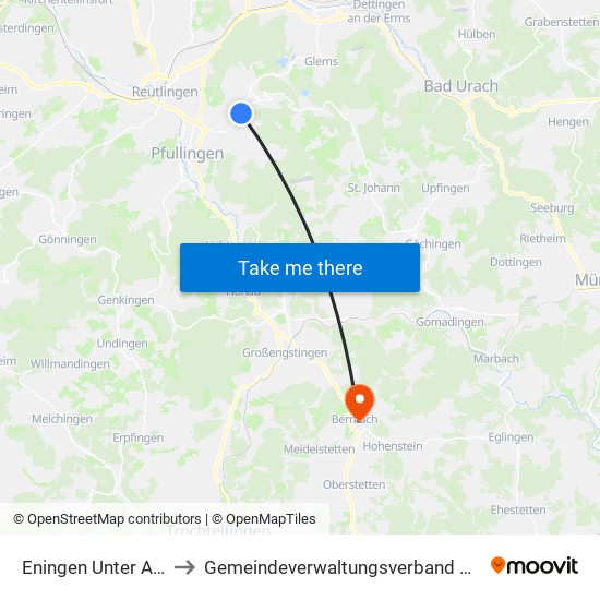 Eningen Unter Achalm to Gemeindeverwaltungsverband Engstingen map