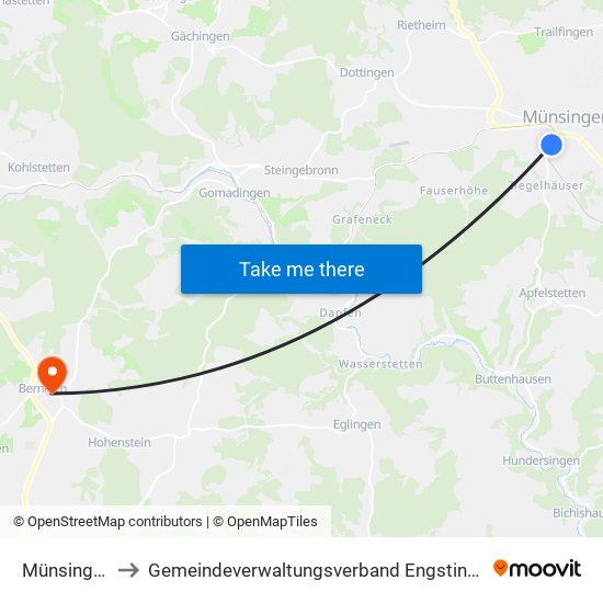 Münsingen to Gemeindeverwaltungsverband Engstingen map
