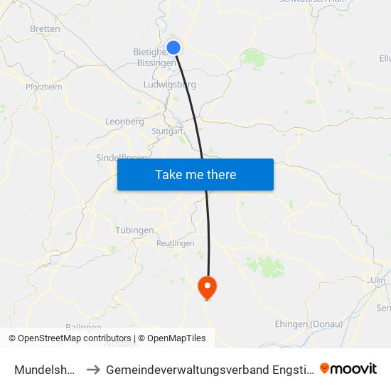 Mundelsheim to Gemeindeverwaltungsverband Engstingen map