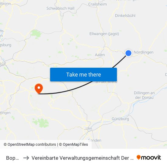 Bopfingen to Vereinbarte Verwaltungsgemeinschaft Der Stadt Weilheim An Der Teck map