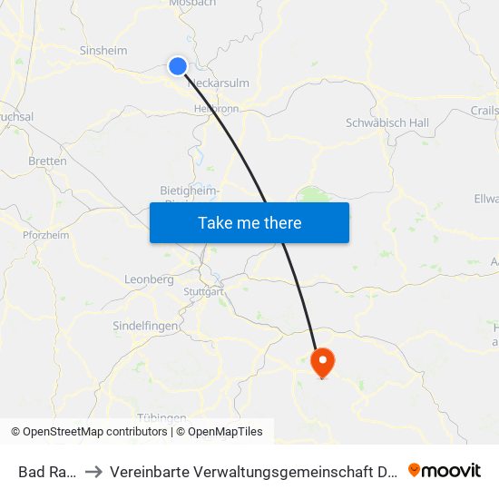 Bad Rappenau to Vereinbarte Verwaltungsgemeinschaft Der Stadt Weilheim An Der Teck map