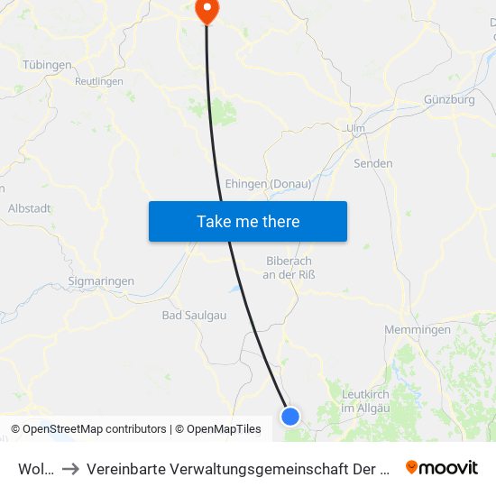 Wolfegg to Vereinbarte Verwaltungsgemeinschaft Der Stadt Weilheim An Der Teck map