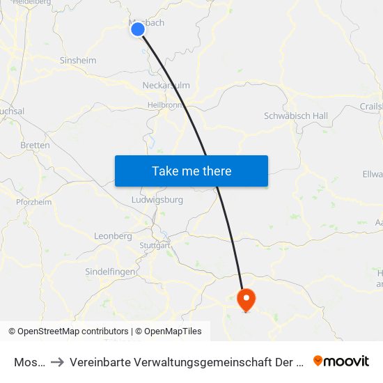 Mosbach to Vereinbarte Verwaltungsgemeinschaft Der Stadt Weilheim An Der Teck map