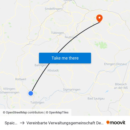 Spaichingen to Vereinbarte Verwaltungsgemeinschaft Der Stadt Weilheim An Der Teck map