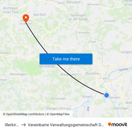 Illerkirchberg to Vereinbarte Verwaltungsgemeinschaft Der Stadt Weilheim An Der Teck map