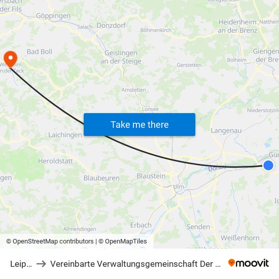 Leipheim to Vereinbarte Verwaltungsgemeinschaft Der Stadt Weilheim An Der Teck map