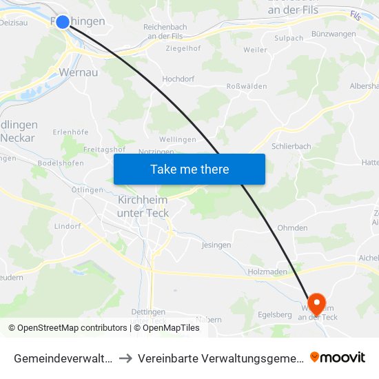 Gemeindeverwaltungsverband Plochingen to Vereinbarte Verwaltungsgemeinschaft Der Stadt Weilheim An Der Teck map