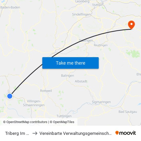 Triberg Im Schwarzwald to Vereinbarte Verwaltungsgemeinschaft Der Stadt Weilheim An Der Teck map