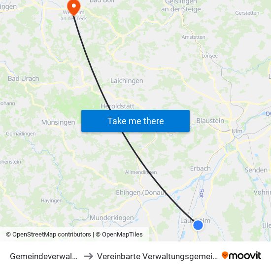 Gemeindeverwaltungsverband Laupheim to Vereinbarte Verwaltungsgemeinschaft Der Stadt Weilheim An Der Teck map