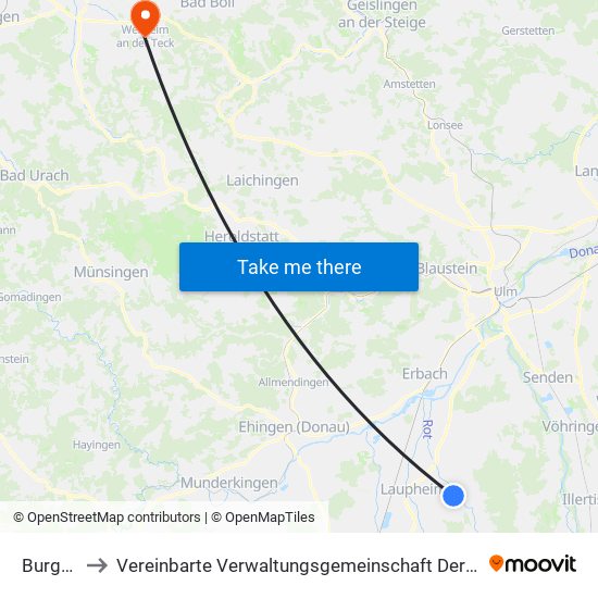 Burgrieden to Vereinbarte Verwaltungsgemeinschaft Der Stadt Weilheim An Der Teck map