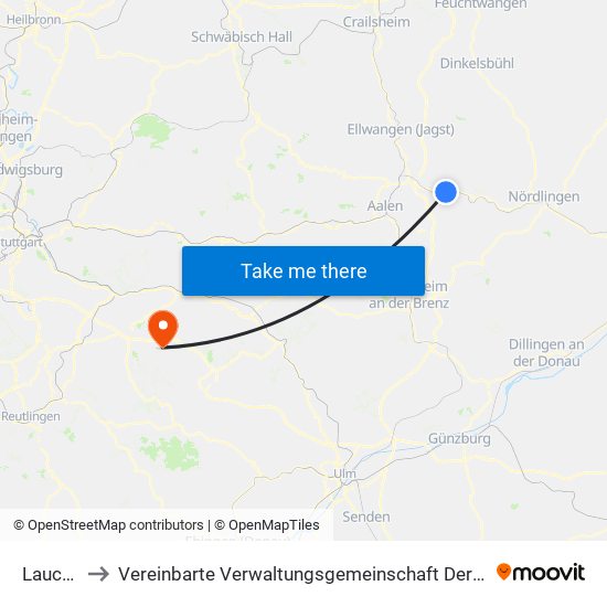Lauchheim to Vereinbarte Verwaltungsgemeinschaft Der Stadt Weilheim An Der Teck map