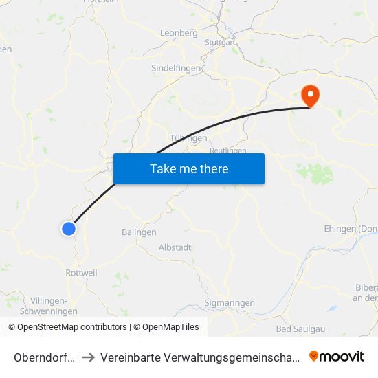 Oberndorf am Neckar to Vereinbarte Verwaltungsgemeinschaft Der Stadt Weilheim An Der Teck map