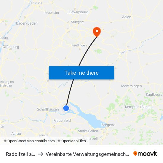 Radolfzell am Bodensee to Vereinbarte Verwaltungsgemeinschaft Der Stadt Weilheim An Der Teck map