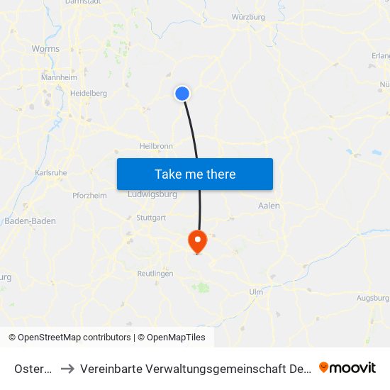 Osterburken to Vereinbarte Verwaltungsgemeinschaft Der Stadt Weilheim An Der Teck map