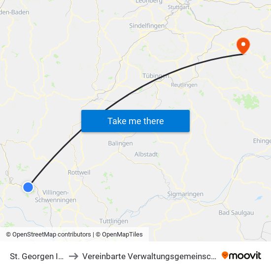 St. Georgen Im Schwarzwald to Vereinbarte Verwaltungsgemeinschaft Der Stadt Weilheim An Der Teck map