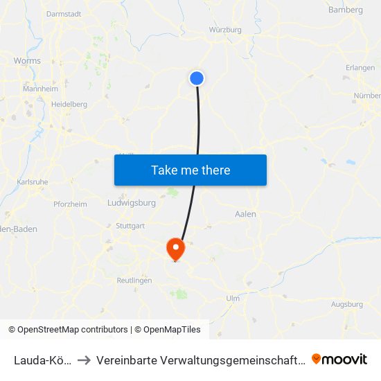 Lauda-Königshofen to Vereinbarte Verwaltungsgemeinschaft Der Stadt Weilheim An Der Teck map