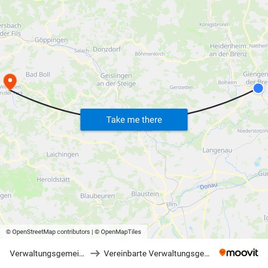 Verwaltungsgemeinschaft Giengen An Der Brenz to Vereinbarte Verwaltungsgemeinschaft Der Stadt Weilheim An Der Teck map
