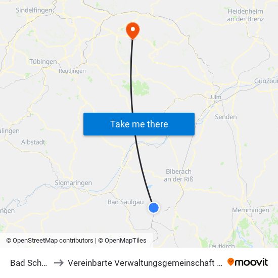 Bad Schussenried to Vereinbarte Verwaltungsgemeinschaft Der Stadt Weilheim An Der Teck map