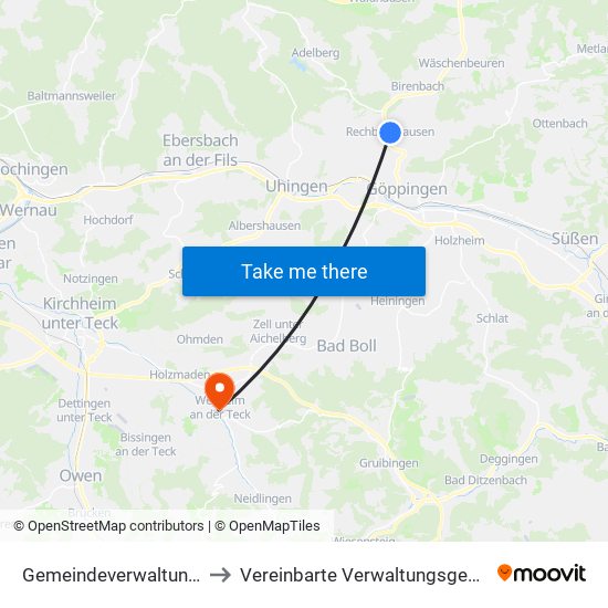 Gemeindeverwaltungsverband Östlicher Schurwald to Vereinbarte Verwaltungsgemeinschaft Der Stadt Weilheim An Der Teck map