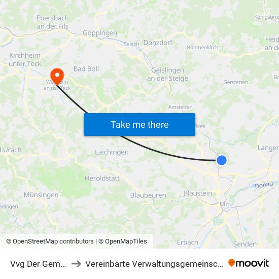 Vvg Der Gemeinde Dornstadt to Vereinbarte Verwaltungsgemeinschaft Der Stadt Weilheim An Der Teck map