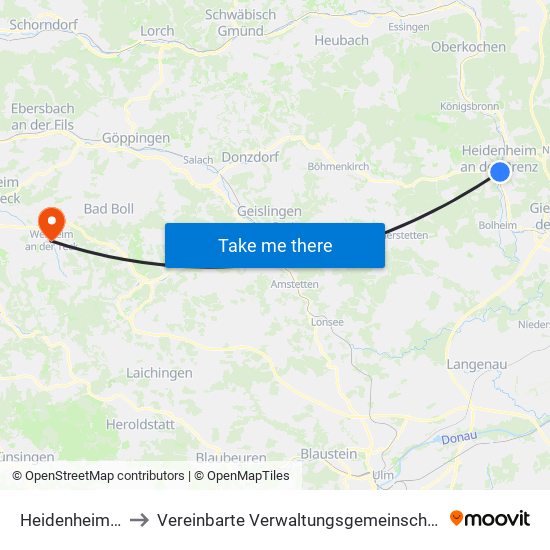 Heidenheim An Der Brenz to Vereinbarte Verwaltungsgemeinschaft Der Stadt Weilheim An Der Teck map
