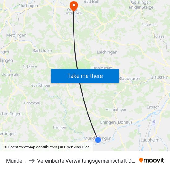 Munderkingen to Vereinbarte Verwaltungsgemeinschaft Der Stadt Weilheim An Der Teck map