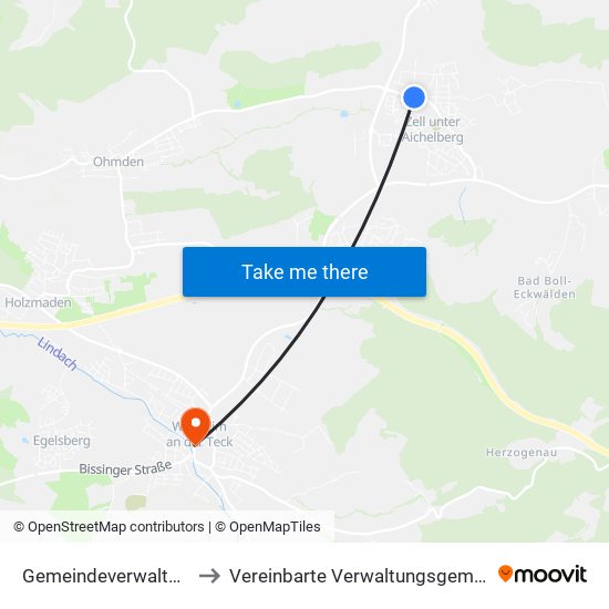 Gemeindeverwaltungsverband Raum Bad Boll to Vereinbarte Verwaltungsgemeinschaft Der Stadt Weilheim An Der Teck map