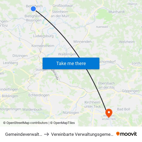 Gemeindeverwaltungsverband Besigheim to Vereinbarte Verwaltungsgemeinschaft Der Stadt Weilheim An Der Teck map
