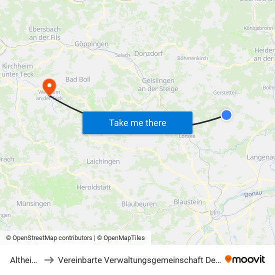 Altheim (Alb) to Vereinbarte Verwaltungsgemeinschaft Der Stadt Weilheim An Der Teck map