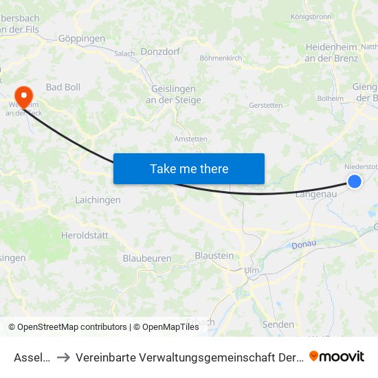 Asselfingen to Vereinbarte Verwaltungsgemeinschaft Der Stadt Weilheim An Der Teck map
