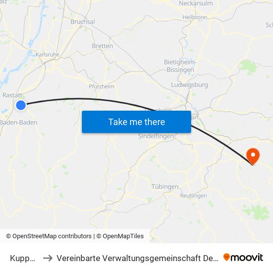 Kuppenheim to Vereinbarte Verwaltungsgemeinschaft Der Stadt Weilheim An Der Teck map