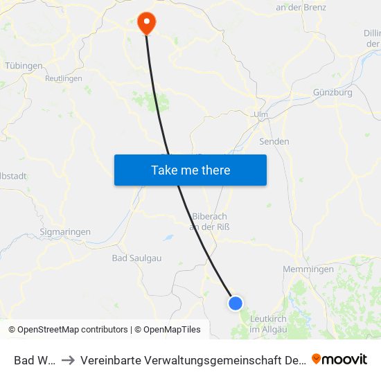 Bad Wurzach to Vereinbarte Verwaltungsgemeinschaft Der Stadt Weilheim An Der Teck map