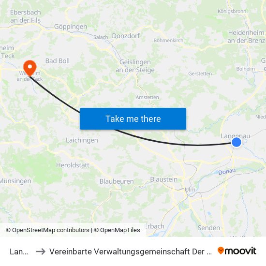 Langenau to Vereinbarte Verwaltungsgemeinschaft Der Stadt Weilheim An Der Teck map