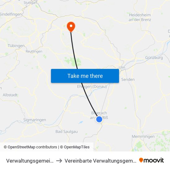 Verwaltungsgemeinschaft Biberach An Der Riß to Vereinbarte Verwaltungsgemeinschaft Der Stadt Weilheim An Der Teck map