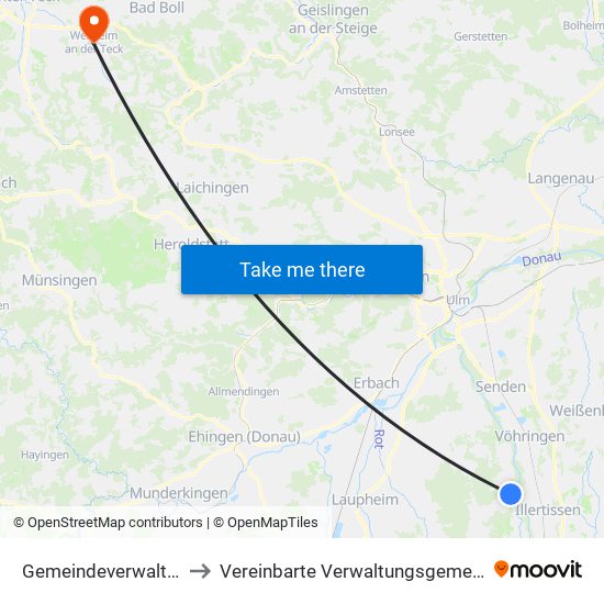 Gemeindeverwaltungsverband Dietenheim to Vereinbarte Verwaltungsgemeinschaft Der Stadt Weilheim An Der Teck map