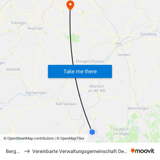 Bergatreute to Vereinbarte Verwaltungsgemeinschaft Der Stadt Weilheim An Der Teck map