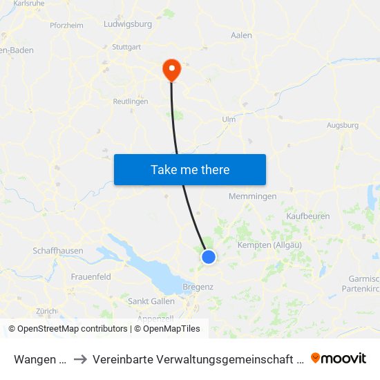 Wangen Im Allgäu to Vereinbarte Verwaltungsgemeinschaft Der Stadt Weilheim An Der Teck map