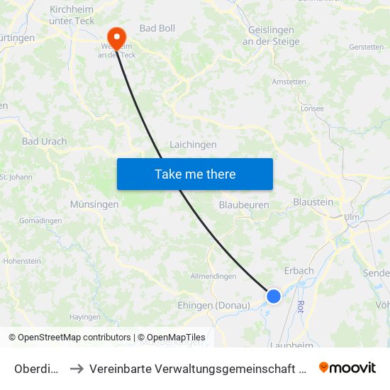 Oberdischingen to Vereinbarte Verwaltungsgemeinschaft Der Stadt Weilheim An Der Teck map
