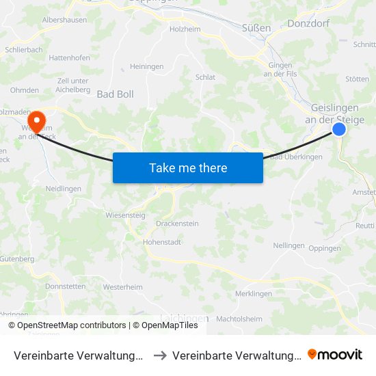 Vereinbarte Verwaltungsgemeinschaft Der Stadt Geislingen An Der Steige to Vereinbarte Verwaltungsgemeinschaft Der Stadt Weilheim An Der Teck map
