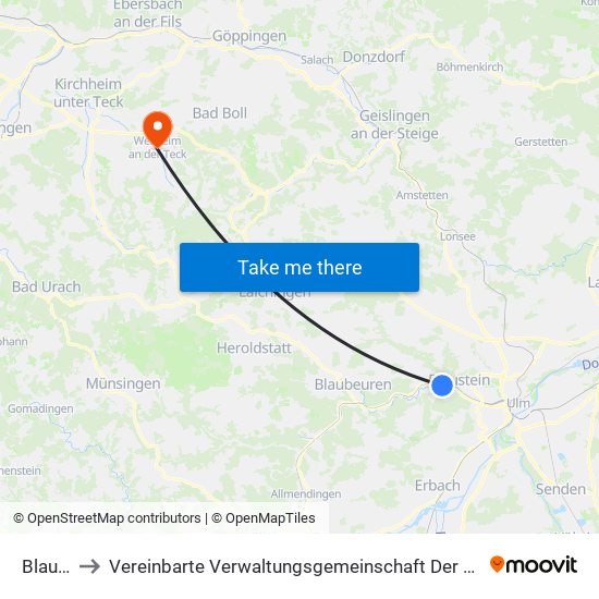 Blaustein to Vereinbarte Verwaltungsgemeinschaft Der Stadt Weilheim An Der Teck map
