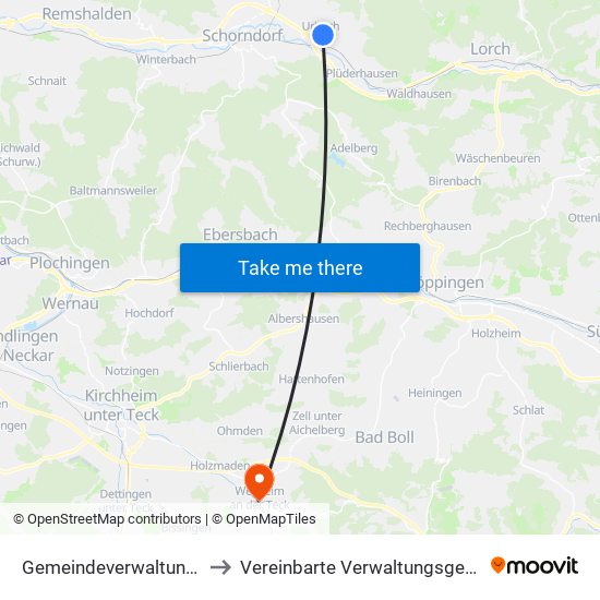 Gemeindeverwaltungsverband Plüderhausen-Urbach to Vereinbarte Verwaltungsgemeinschaft Der Stadt Weilheim An Der Teck map