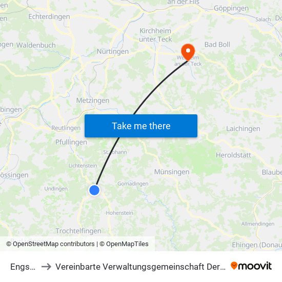 Engstingen to Vereinbarte Verwaltungsgemeinschaft Der Stadt Weilheim An Der Teck map