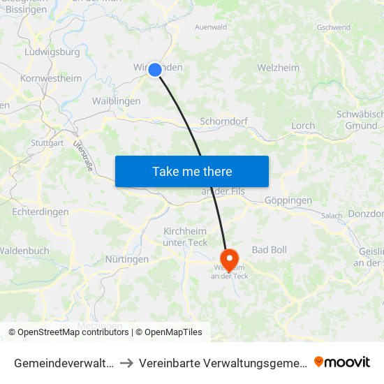 Gemeindeverwaltungsverband Winnenden to Vereinbarte Verwaltungsgemeinschaft Der Stadt Weilheim An Der Teck map