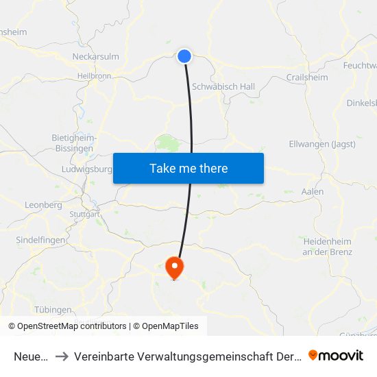 Neuenstein to Vereinbarte Verwaltungsgemeinschaft Der Stadt Weilheim An Der Teck map