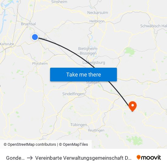 Gondelsheim to Vereinbarte Verwaltungsgemeinschaft Der Stadt Weilheim An Der Teck map