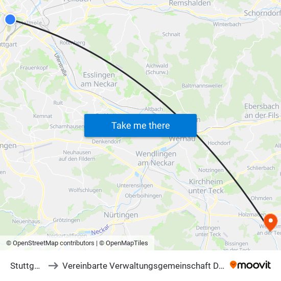 Stuttgart-Nord to Vereinbarte Verwaltungsgemeinschaft Der Stadt Weilheim An Der Teck map